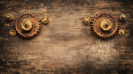 Poster - Vintage gears on a rustic wooden background, ideal for steampunk design and industrial themes