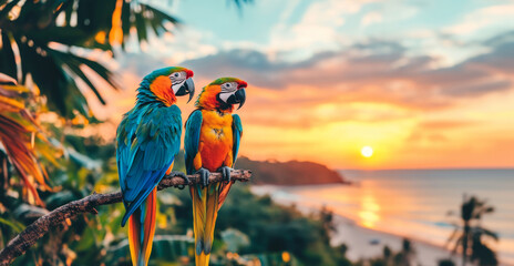 Poster - Two vibrant macaws perch on a branch as the sun sets over a tranquil tropical beach. The colorful birds add life to the breathtaking view of the serene ocean and lush greenery.
