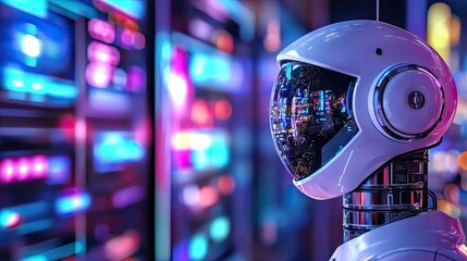 Poster - Futuristic Robot with Helmet in a Colorful Digital Environment