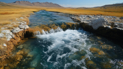 Poster - A serene landscape featuring a flowing stream, surrounded by golden grasslands and distant mountains under a clear blue sky