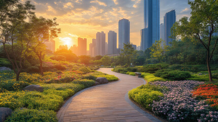 Aufkleber - A vibrant sunset illuminates a lush urban park, featuring a winding path, blooming flowers, and towering skyscrapers in the background