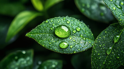 Poster - A close-up of green leaves adorned with droplets of water, showcasing nature's beauty and freshness