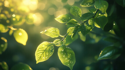 Poster - A close-up of green leaves glistening with droplets in soft, warm light, showcasing the beauty of nature and freshness