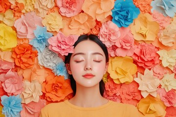 Canvas Print - Young woman resting peacefully against a vibrant, colorful flower backdrop, showcasing joy and tranquility in a bright, artistic display of paper flowers