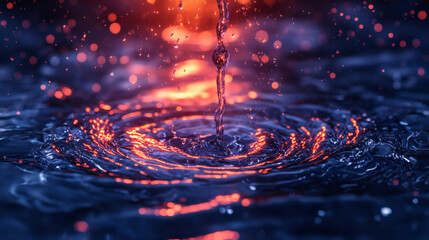 Poster - A close-up shot of water droplets creating ripples, illuminated with vibrant orange and blue hues, capturing a serene and dynamic moment