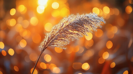 Poster - A delicate grass plume stands out against a warm, glowing background, creating a serene and ethereal atmosphere
