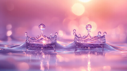 Poster - Two elegant crowns made of water droplets shimmer against a soft pink background, creating a magical and serene atmosphere