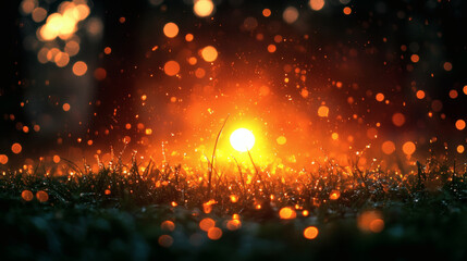 Poster - A glowing sunset seen through droplets of water, creating a magical atmosphere with shimmering lights on grass