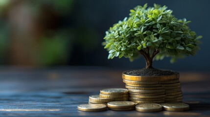 Poster - A small tree grows atop a stack of coins, symbolizing growth, wealth, and the relationship between nature and finance