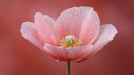 Poster - A delicate pink flower with droplets of water, set against a soft red background, exuding freshness and natural beauty