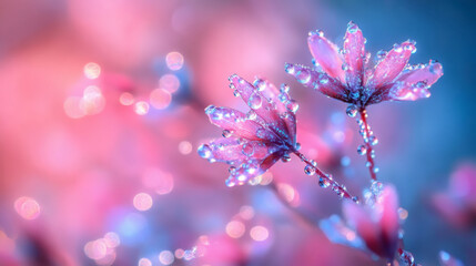 Poster - A close-up of vibrant pink flowers adorned with droplets, set against a soft, dreamy blue background, creating a tranquil and enchanting atmosphere