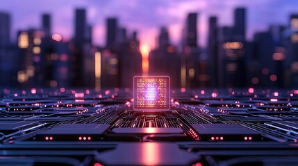 Poster - High-Tech Circuit Board with Processor in Futuristic Cityscape Background