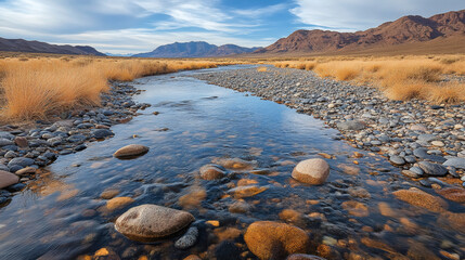 Poster - A serene river flows through a rocky landscape, bordered by golden grass and mountains under a blue sky