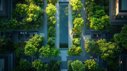 Poster - Aerial view of a modern urban landscape featuring lush greenery and water elements amidst sleek architectural structures