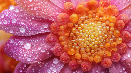Poster - A close-up of a vibrant flower with pink and orange petals, adorned with glistening droplets of water, showcasing nature's beauty and detail
