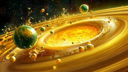 Wall Mural - Colorful cosmic scene with planets, rings, and a bright star in a golden atmosphere