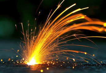 Poster - Sparkling orange sparks flying from a surface, creating a vibrant burst of light, energy, and dynamic motion in a dark background setting