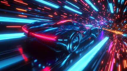 Wall Mural - futuristic racing car speeding through neon space tunnel