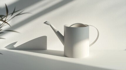 Wall Mural - White watering can in sunlight with plant shadow.