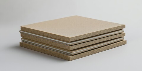 Wall Mural - Stack of textured, beige composite boards arranged neatly on a light background.