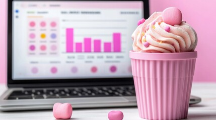 Poster - Sweet Data Delight Pink Themed Tech Still Life Featuring a Laptop and Cupcake for Modern Lifestyle and Business Inspiration