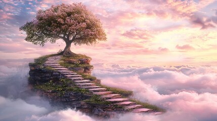 Wall Mural - Serene sunset over cloudscape, stone stairway leads to blossoming tree atop cliff.