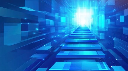 Poster - abstract blue digital tunnel with glowing light at the end, symbolizing technology and innovation