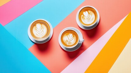 Wall Mural - Three beautifully crafted lattes with artistic foam designs placed on vibrant geometric backgrounds