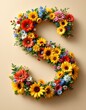 © iarm - letter, S, floral, flowers, vibrant, colorful, artistic, elegant, design, organic, natural, red, yellow, pink, blue, white, blooms, green, leaves, accents, beige, background, soft, texture, warm,