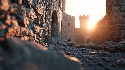 Canvas Print - Sunset view through ancient castle ruins.