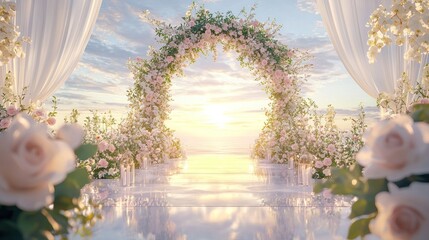 Wall Mural - Romantic sunset beach wedding ceremony arch.