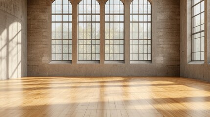 Poster - spacious empty room with large windows and wooden floor bathed in natural light in modern industrial
