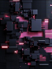 Poster - abstract glitch aesthetics, fragmented pixel distortions, cyberpunk color palette, high-tech neon di