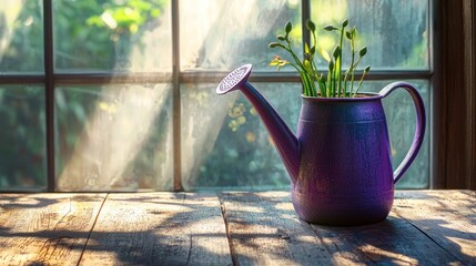 Wall Mural - Sunlit purple watering can with spring flowers on rustic wood windowsill.