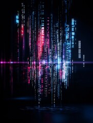Poster - Data stream glitch aesthetics, fragmented binary rain, surreal futuristic cyberspace, glowing distortions forming artistic beauty, immersive depth, ultra-crisp details