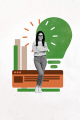 Poster - Art image vertical photo collage of happy manager girl stand crossed hands interface webpage icon light bulb idea finding plan