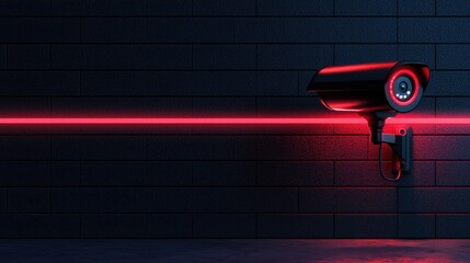 Poster - Modern Security Camera with Red LED Light Against Dark Brick Wall, Symbolizing Surveillance and Safety in Urban Environments