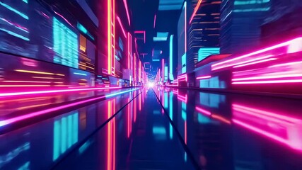 Poster - Futuristic neon cityscape with dynamic light trails in hightech urban environment