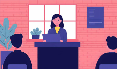 Poster - Engaging Classroom Presentation, a female presenter captivates students in a vibrant classroom filled with learning materials and eager faces.