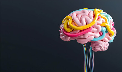 Poster - Vibrant Brain Model with Intricate Cables on Dark Background, showcasing vivid colors and complex neural pathways for educational exploration.