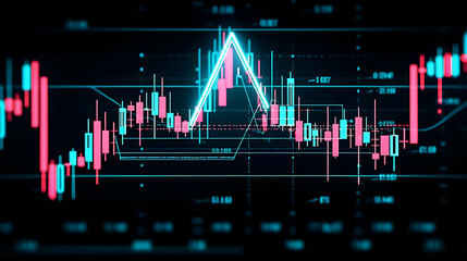 Poster - Glowing Stock Market Trends, a vibrant digital chart displaying fluctuating market bars in a dynamic financial landscape.