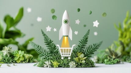 Poster - Surreal rocket launch with shopping cart surrounded by lush greenery and stars symbolizing growth, innovation, and environmental consciousness