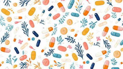 Poster - Capsule Mosaic, a vibrant design intertwining colorful medicine capsules, creating a captivating visual pattern that intrigues and engages.