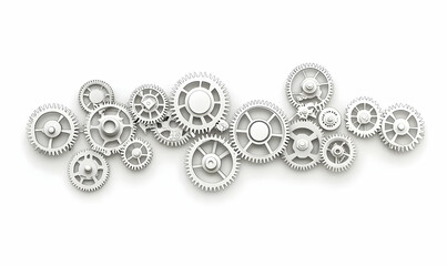 Poster - Interlocking Gears on White Background, a dynamic arrangement of metallic gears showcasing intricate mechanisms and seamless connectivity.