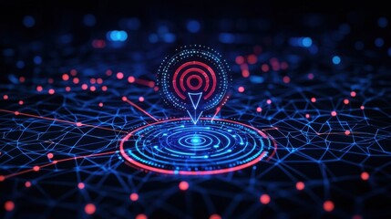 Poster - Futuristic Abstract Digital Network with Geometric Patterns and Target Symbols Indicating Location and Connections in Cyber Space