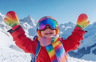 Wall Mural - A cute little boy in colorful ski goggles and a red snow suit is playing on the snowy mountain, wearing an adorable hat shaped like cartoon animals with long ears sticking out of it.