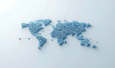 Poster - Abstract blue dotted world map with interconnections, showcasing a global network of data and communication across continents.