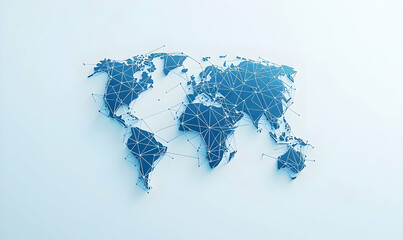 Poster - Abstract blue dotted world map featuring interconnected lines, representing global networks and digital communication pathways.