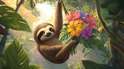 Wall Mural - Happy sloth hanging from tree branch holding colorful flowers.