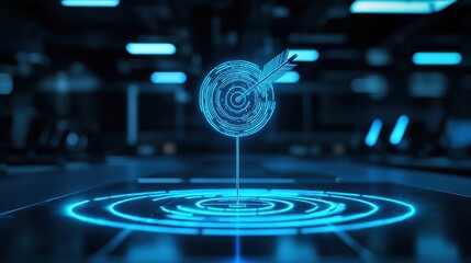 Poster - Futuristic Target with Arrow Hitting Center, Digital Technology Concept, Abstract Design, Precision Focus, Modern Data Visualization in High-Tech Environment